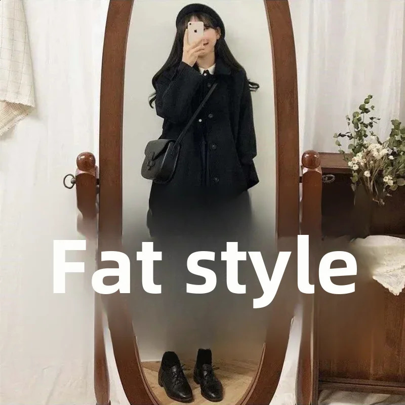 Japanese style loose wool womens jacket autumn winter thick medium to long length coat 240828