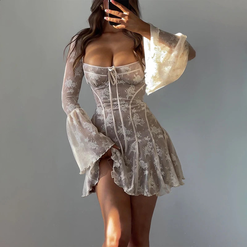 Womens lace long sleeved dress fashionable springsummer printed for dating work shopping 240828