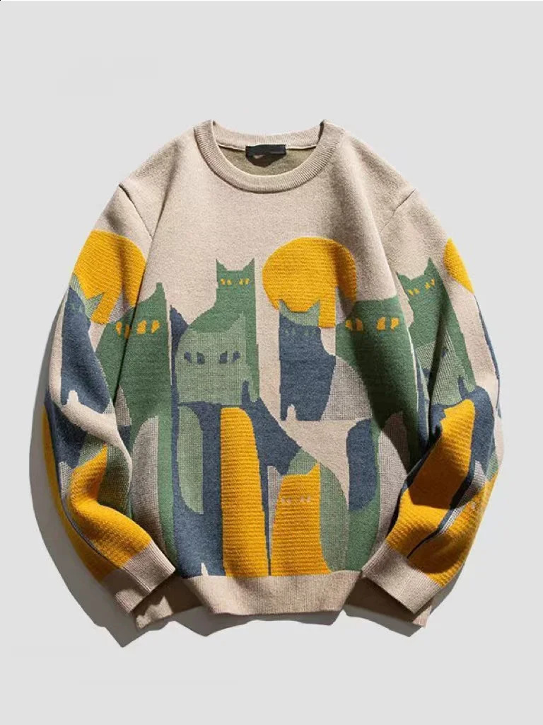 Autumn Knitted Sweater Mens Winter Harajuku Cartoon Full Cat Print Pullover Retro Elastic Sweater Street Wear 240829