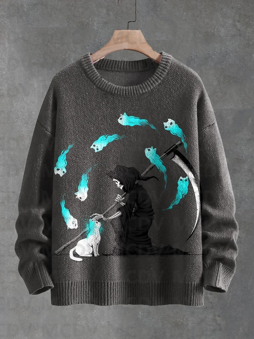 Interesting Skeleton Sunflower Art Halloween Printed Knitted Pullover Sweater for Women and Men 240829