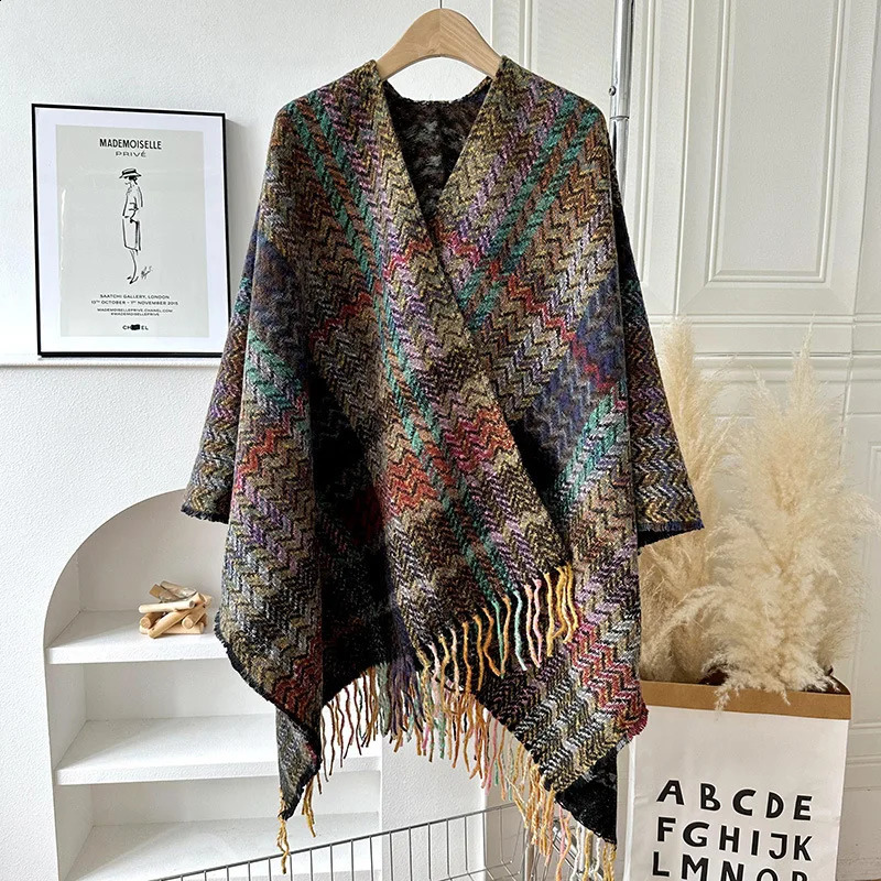 Poncho Knitted Cloak Ethnic Style Capes Tassel Cardigan Sweater Loose Oversized Shawl Wraps Vintage Striped Women Travel Coat 240828