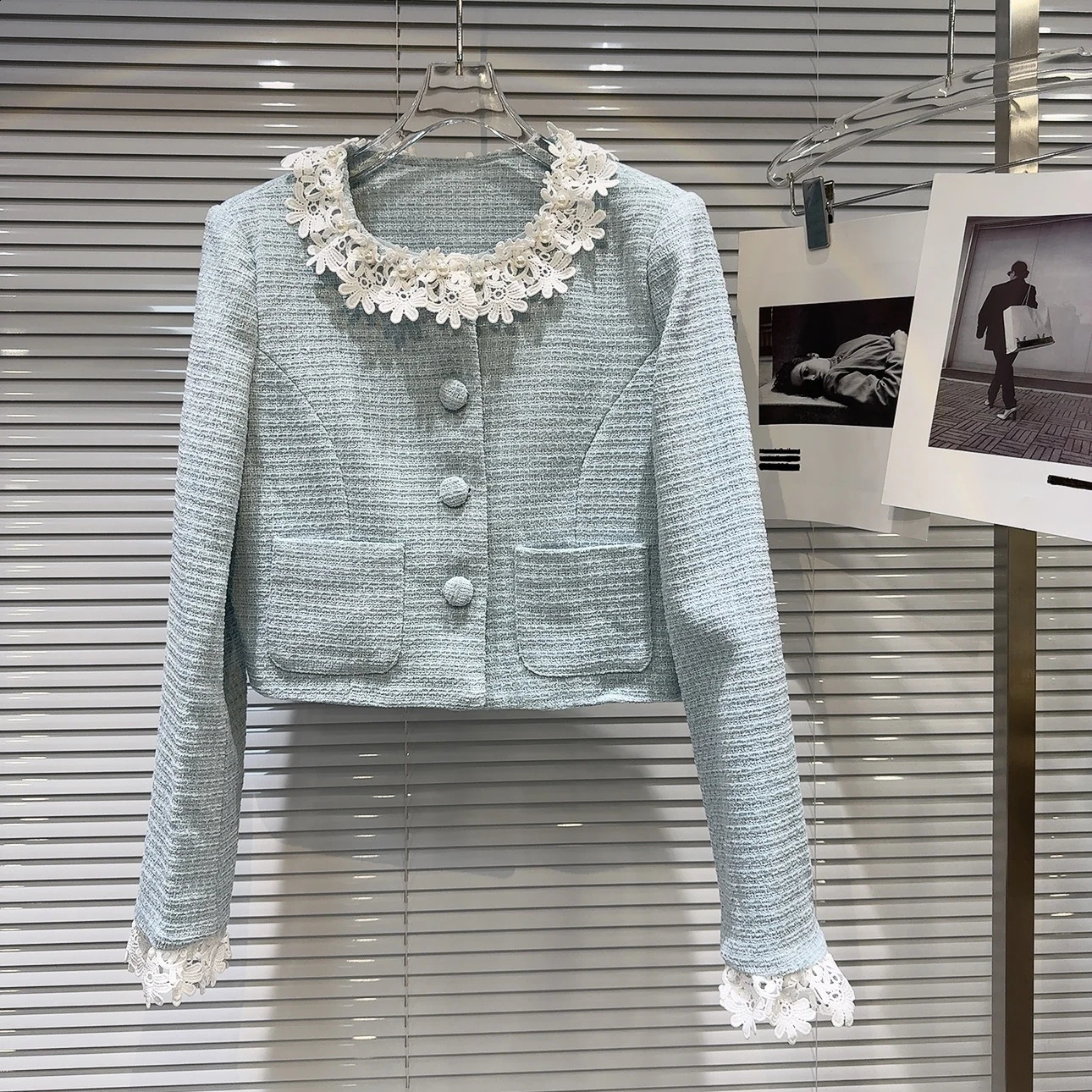 PREPOMP Autumn Pearl Lace Collar Short Jacket Coarse Floral Mini Skiing Two Piece Set Womens Dress Light Blue GR950 240828