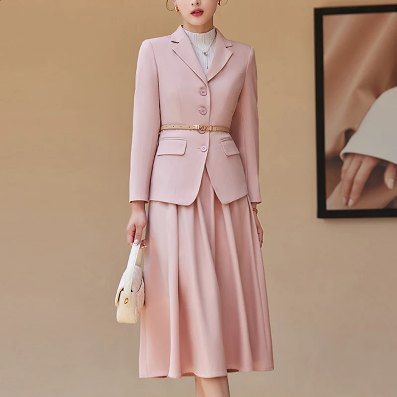 ZJYT Elegant Womens Autumn Jacket Set with Two Piece Dress Pink Office 240828