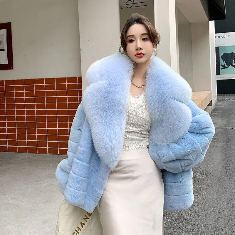 Womens Real Rex Rabbit Fur Coat Long Natural All Pelt Chinchilla Colorful Leather Jacket With Fox Collar
