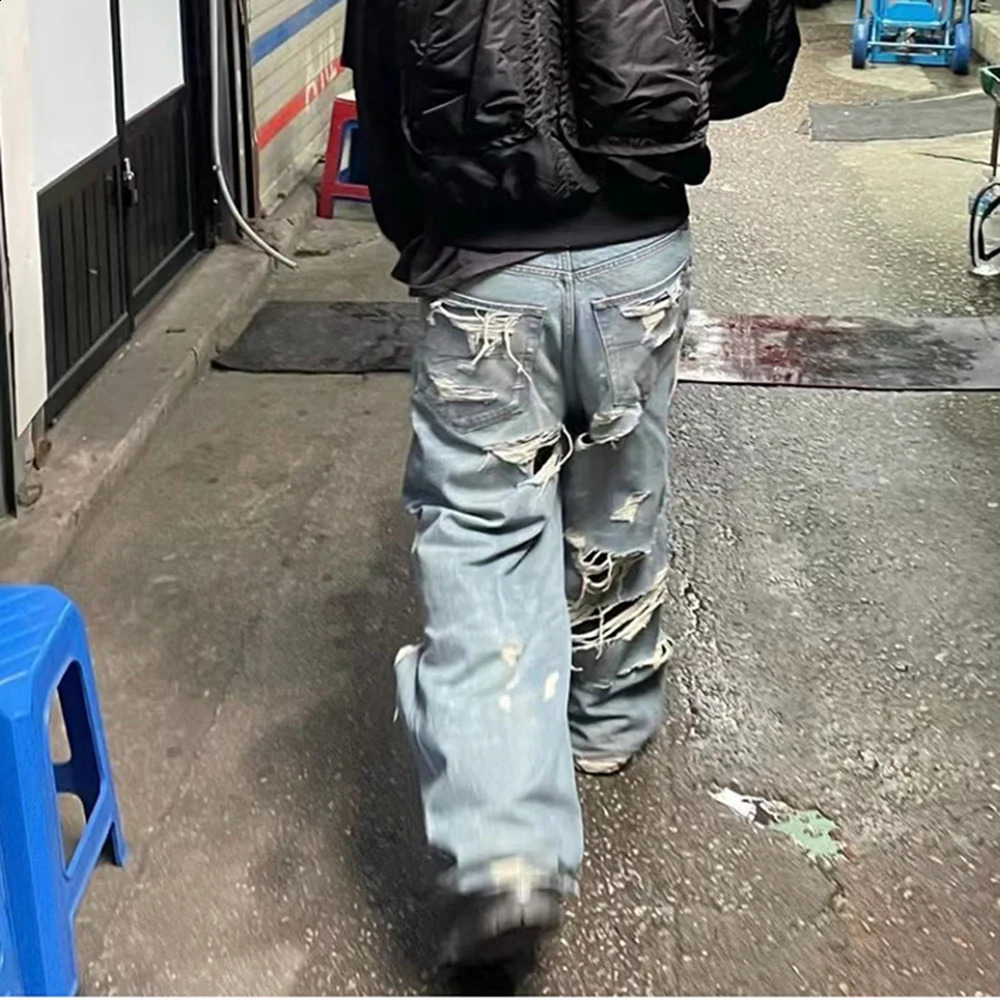 Distressed Washed Blue Baggy Wide Leg Jeans for Men and Women Frayed Casual Denim Trousers Oversized Loose Cargo Pants 240826Z