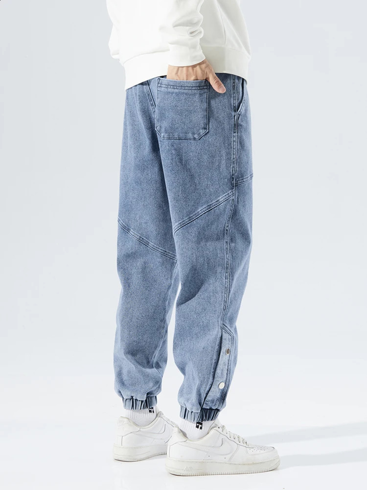 Spring and autumn plus size pocket jeans mens hip-hop streetwear harem pants fashionable embroidery elastic cotton casual jogging jeans 8XL 240829
