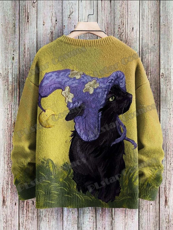 Halloween Rainbow Cat Retro Art Vibe 3D Printing Mens Knitted Pullover Winter Neutral Casual Knitted Pullover Sweater ZZM131 240829