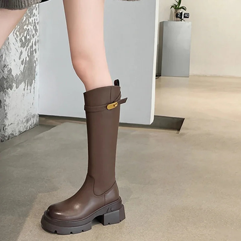 Womens Knight Boots Fashion and Elegant Belt Buckle Side Zipper Shoes Square High Heels Womens Knee High Boots 240827