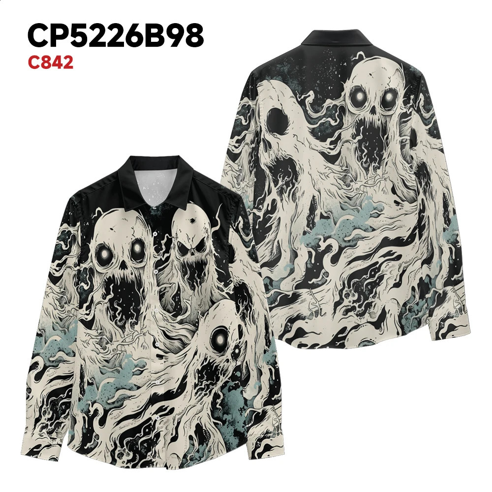 Mens casual long sleeved Halloween fire skull print top outdoor fashion and comfortable shirt for spring and autumn y2k mens clothing 240829