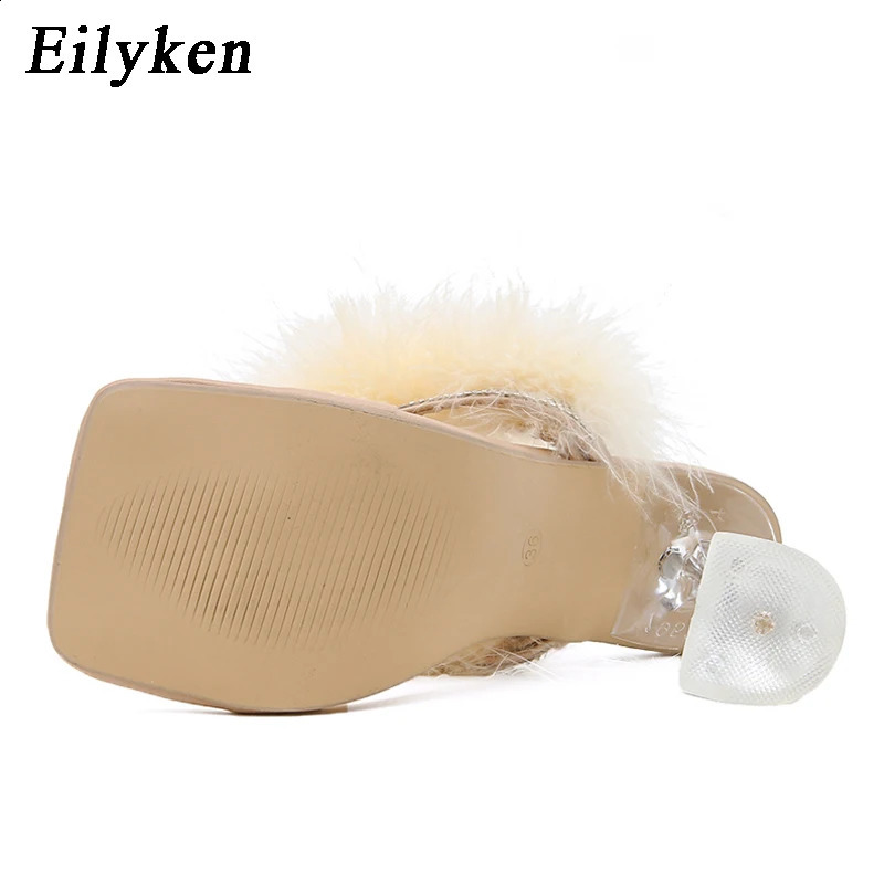 Eilyken Summer Sliders Womens Fur Sliders Fashion Square Heels Transparent Perspex Heels Rhinestone Sandals Womens Flip Shoes 240827