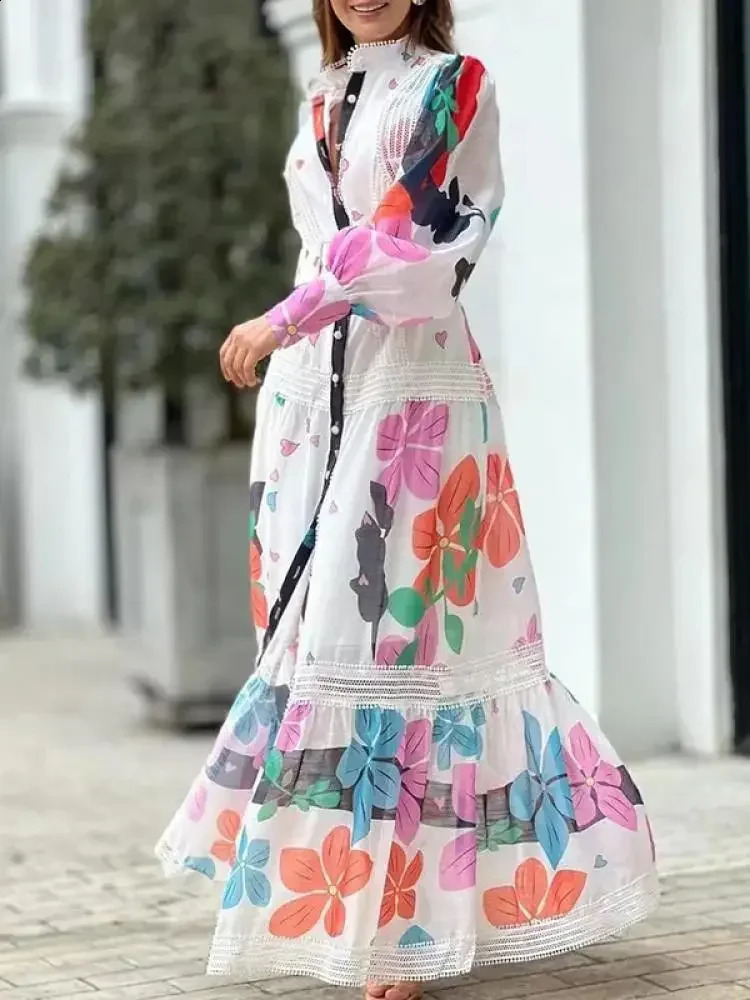 Modigirl floral print womens autumn long sleeved high neck vacation dress 240829