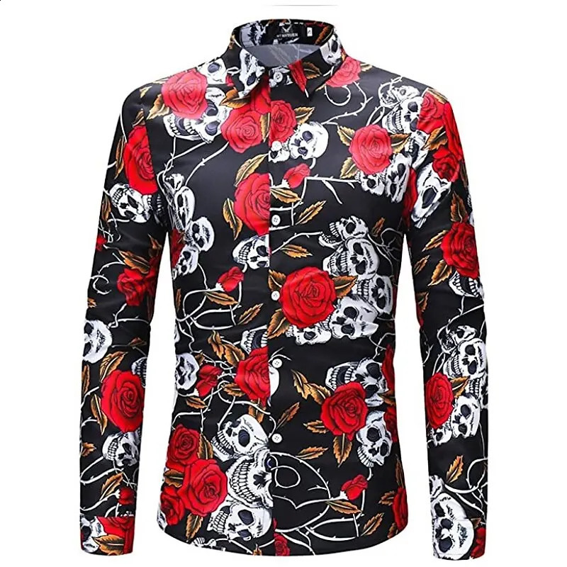 Flower Skull Rose Mens Shirt Sunflower Collar Halloween Street Long Sleeve Button Mens Clothing Fashion n 240829