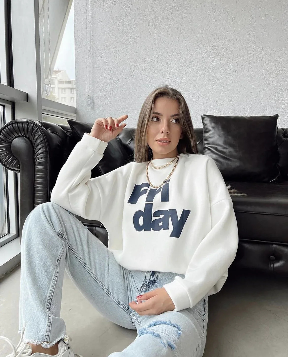 Hirssionsan SpringAutumn Casual Friday Alphabet Printed Sportswear Womens Soft ONeck Retro Floral Top 240827
