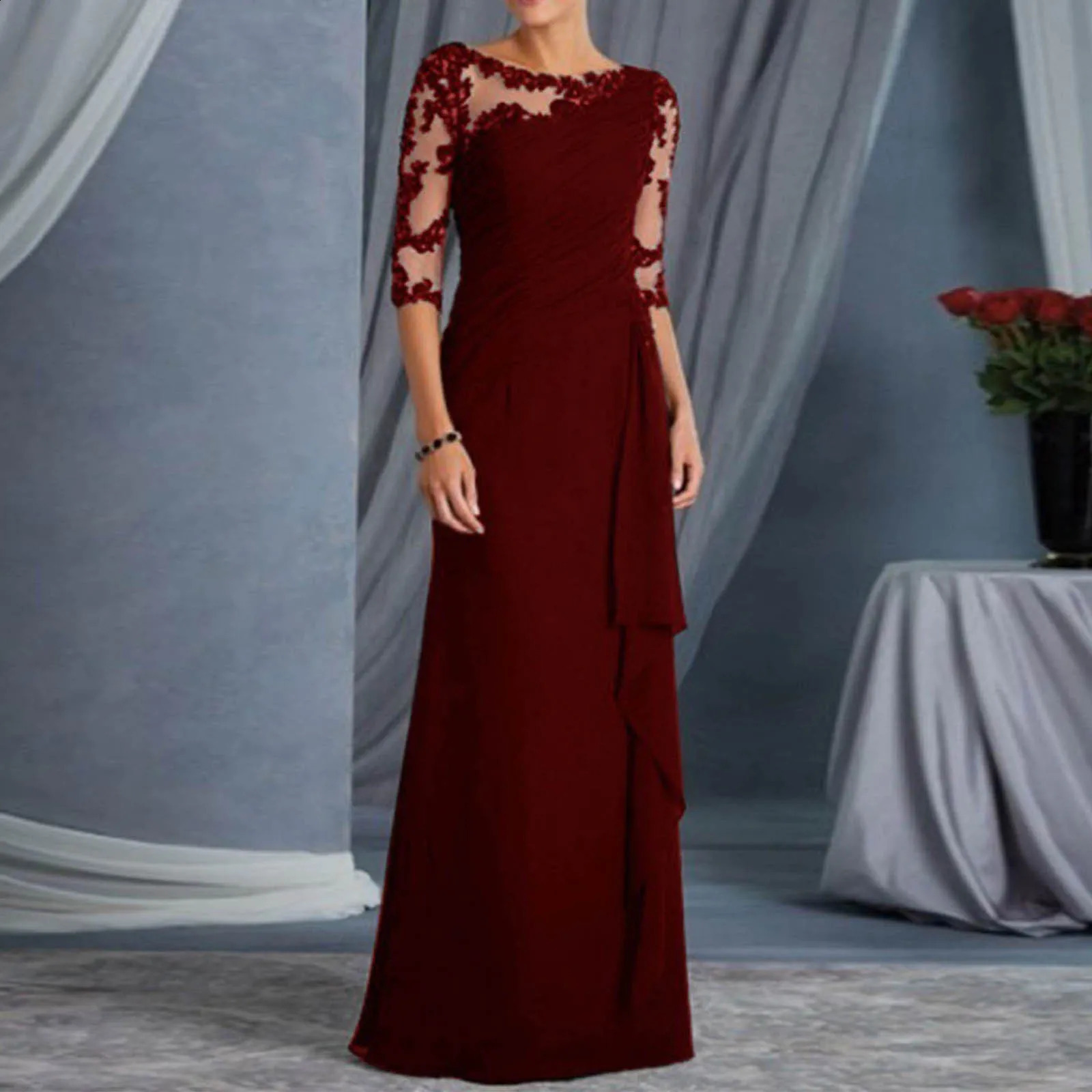 Women Elegant Lace See Through Prom Dress Sexy Round Neck Mid Sleeve Long Dress Formal Midi Evening Dress with Wave Ribbon