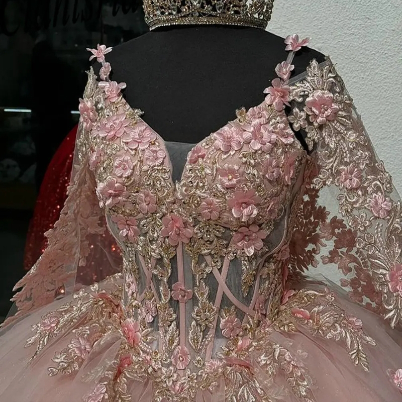 Pink 3D wers Off The Shoulder Ball Gown Quinceanera Dresses Appliques Lace Beads Tull Corset Sweet 16 Vestidos 15 Dress
