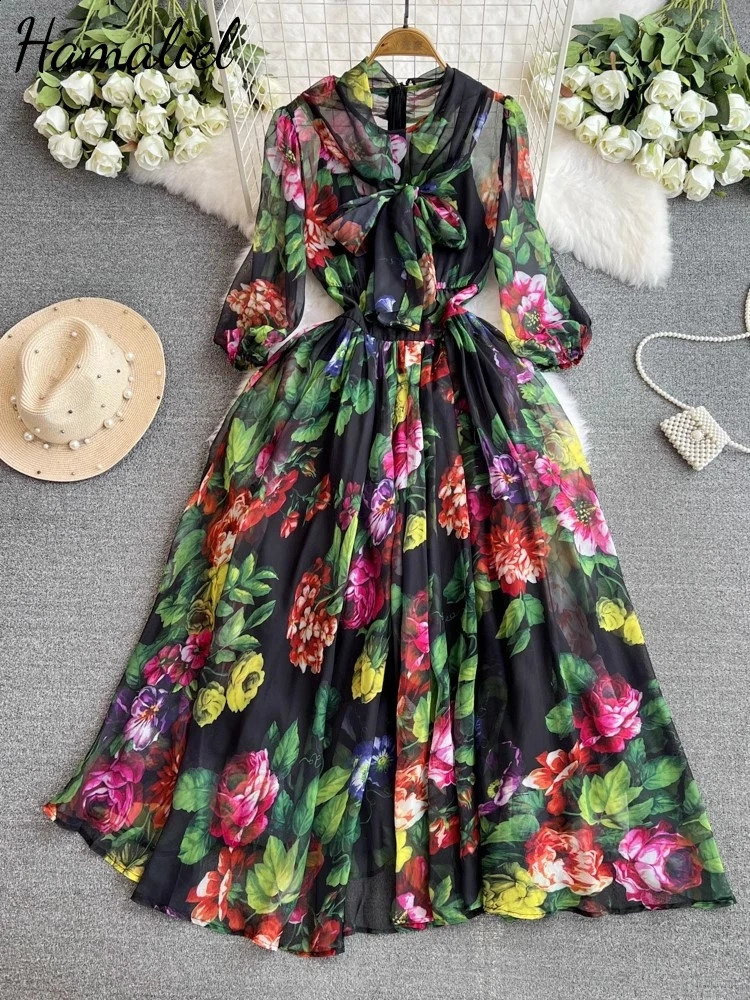 Autumn Holiday Gorgeous Flower Dress Womens Bow 13 Sleeve High Waist Printed Chiffon Long Vestidos 240828