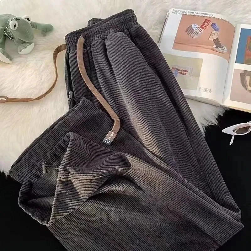 Autumn Fashion Women Corduroy Sweatpants Bf High Waist Drawcord Korean Solid Casual Wide Leg Pants Winter Warm Straight Trousers 240829 - view 7