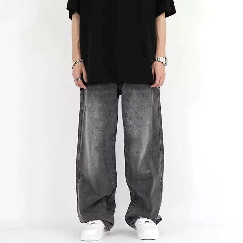 mens streetwear black gray pocket wide leg wash jeans Korean fashion straight elastic loose denim cargo pants 240829