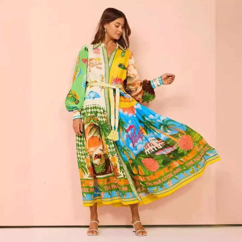 Single Chest Long Lantern Sleeve Graffiti Printed Tie Waist Dress Pleated Square Necklace Sleeves Mid