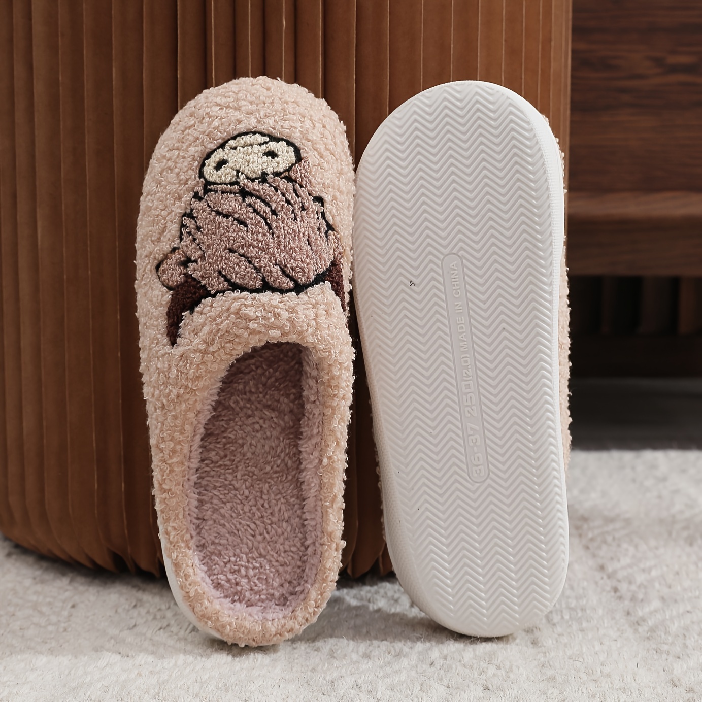 Cute Cartoon Cow Pattern Plush Lined Slip-On Slippers - Ultra Soft Fabric Upper, Comfortable Indoor Shoes with TPR Sole, Tribal Style Design - All-Sea