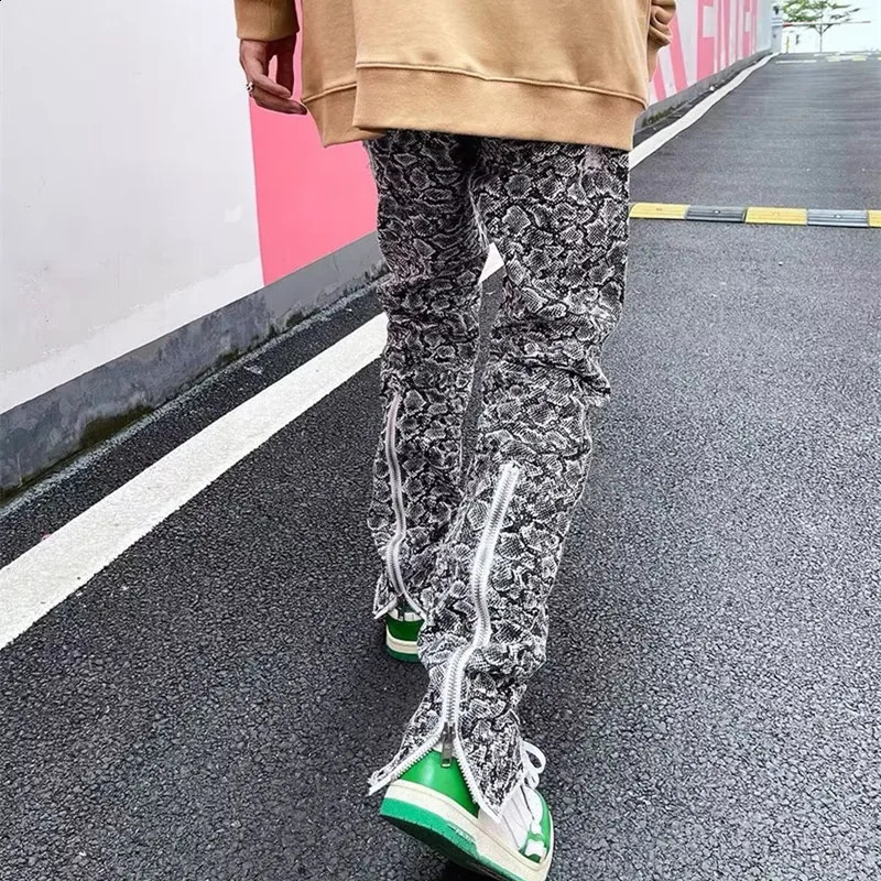 Y2K Streetwear Snake Graphic Baggy Zipper Ripped Jeans Pants For Men Clothing Straight Cotton Long Trousers Pantalon Homme 240828