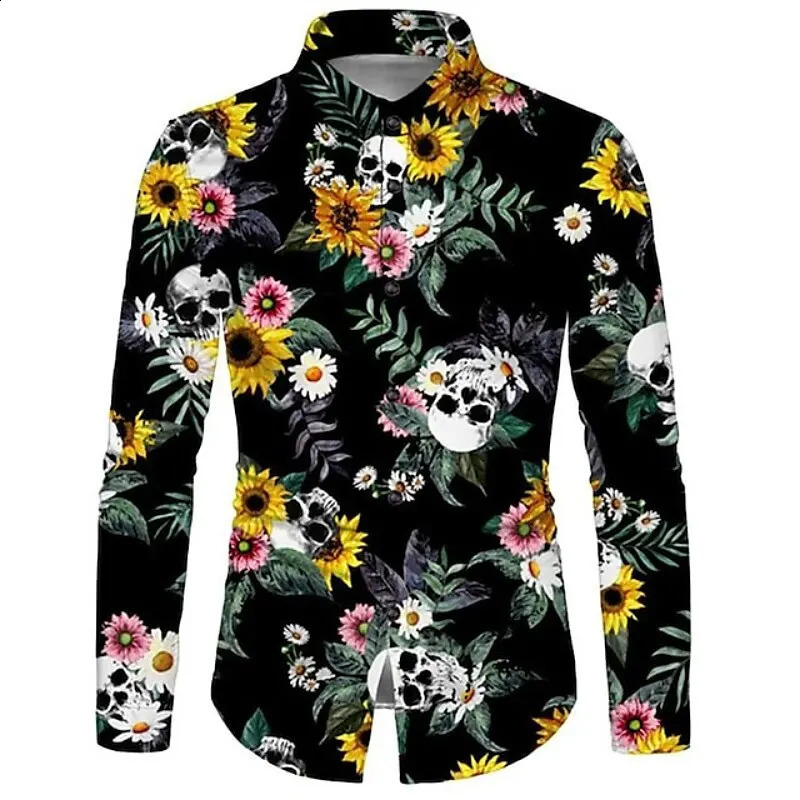 Flower Skull Rose Mens Shirt Sunflower Collar Halloween Street Long Sleeve Button Mens Clothing Fashion n 240829