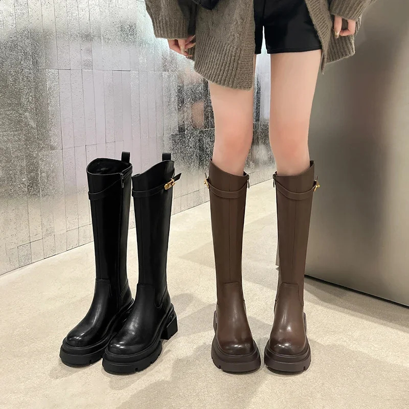 Womens Knight Boots Fashion and Elegant Belt Buckle Side Zipper Shoes Square High Heels Womens Knee High Boots 240827