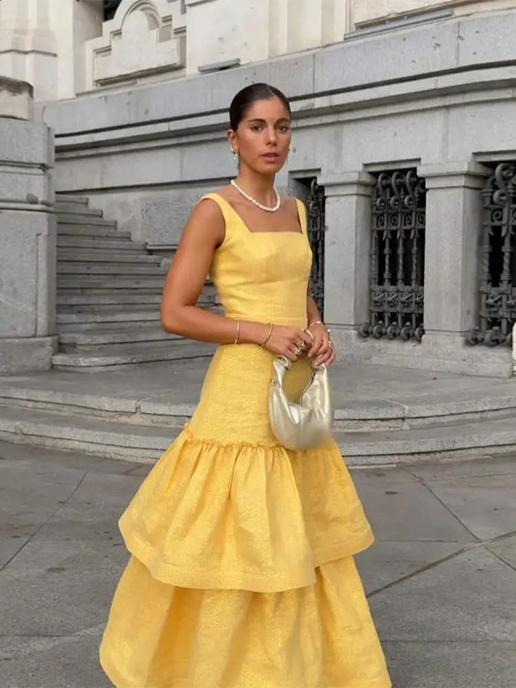Fashion Sexy Layered Ruffled Women Dress Chic Square Collar Sleeveless Robes Summer Female Party Club Evening Dresses