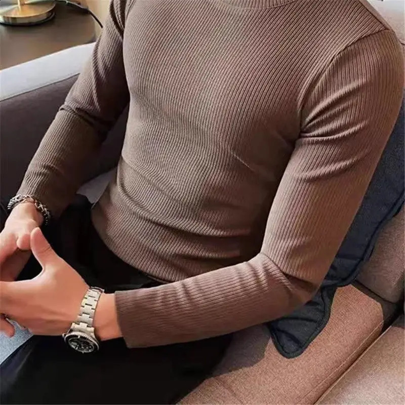 Smart Casual Spring Autumn Mens Solid Plain Collar Korean HighStreet Fashion Long Sleeve Slim Bottom Womens Tshirt Top 240828