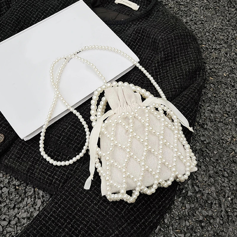 Pearl Women Bucket Tote Bag Woven Pearl Crossbody Bags for Women Small Wallet Handbag Casual Drawstring Female Coin Purse 240829