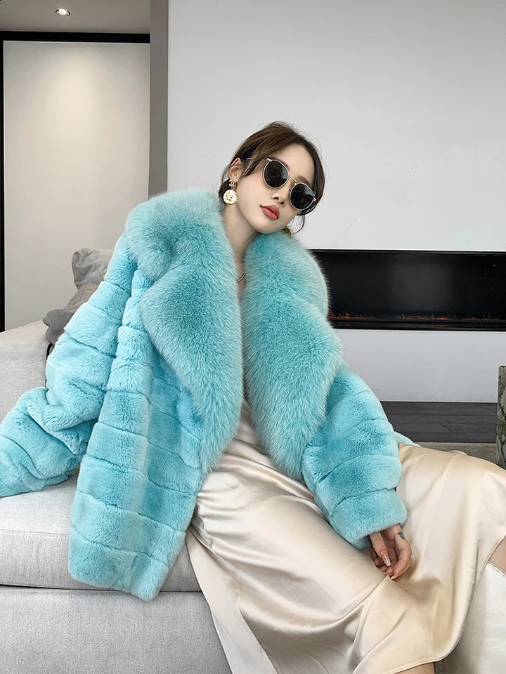 Womens Real Rex Rabbit Fur Coat Long Natural All Pelt Chinchilla Colorful Leather Jacket With Fox Collar