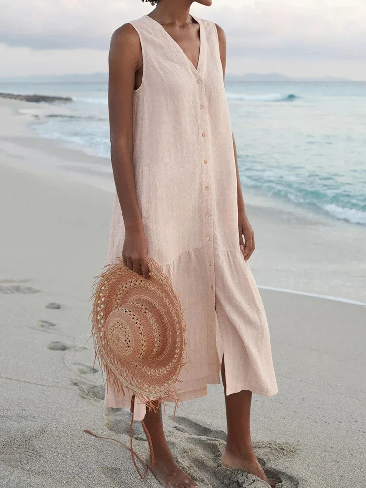 Summer Loose Casual Patchwork Cotton Linen Pocktes Dress V Neck Beach Style Dress Sleeveless Vintage Club Midi Solid Women Dress 240828