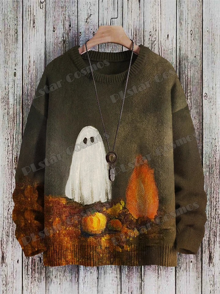 Halloween Ghost and Jack-o-Lanton 3D Printed Mens Knitted Pullover Winter Neutral Casual Knitted Pullover Sweater ZZM139 240829
