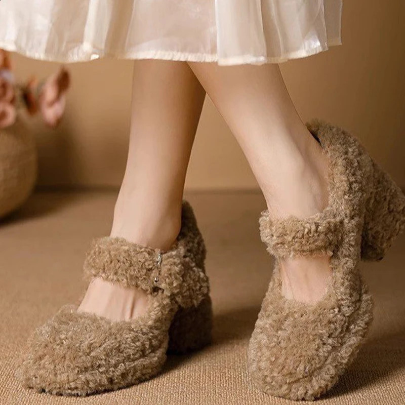 High platform Lambswool Mary Jane shoes womens retro teddy fur thick soled pump womens winter warm plush dress Zapatos 240827