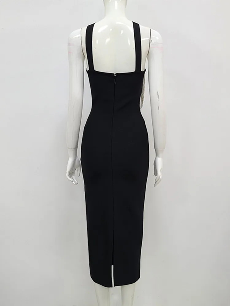 Women Summer Sexy Key Hole Diamonds Tassel Crystal Midi Black Bodycon Bandage Dress Elegant Evening Party Dress Vestido 240828