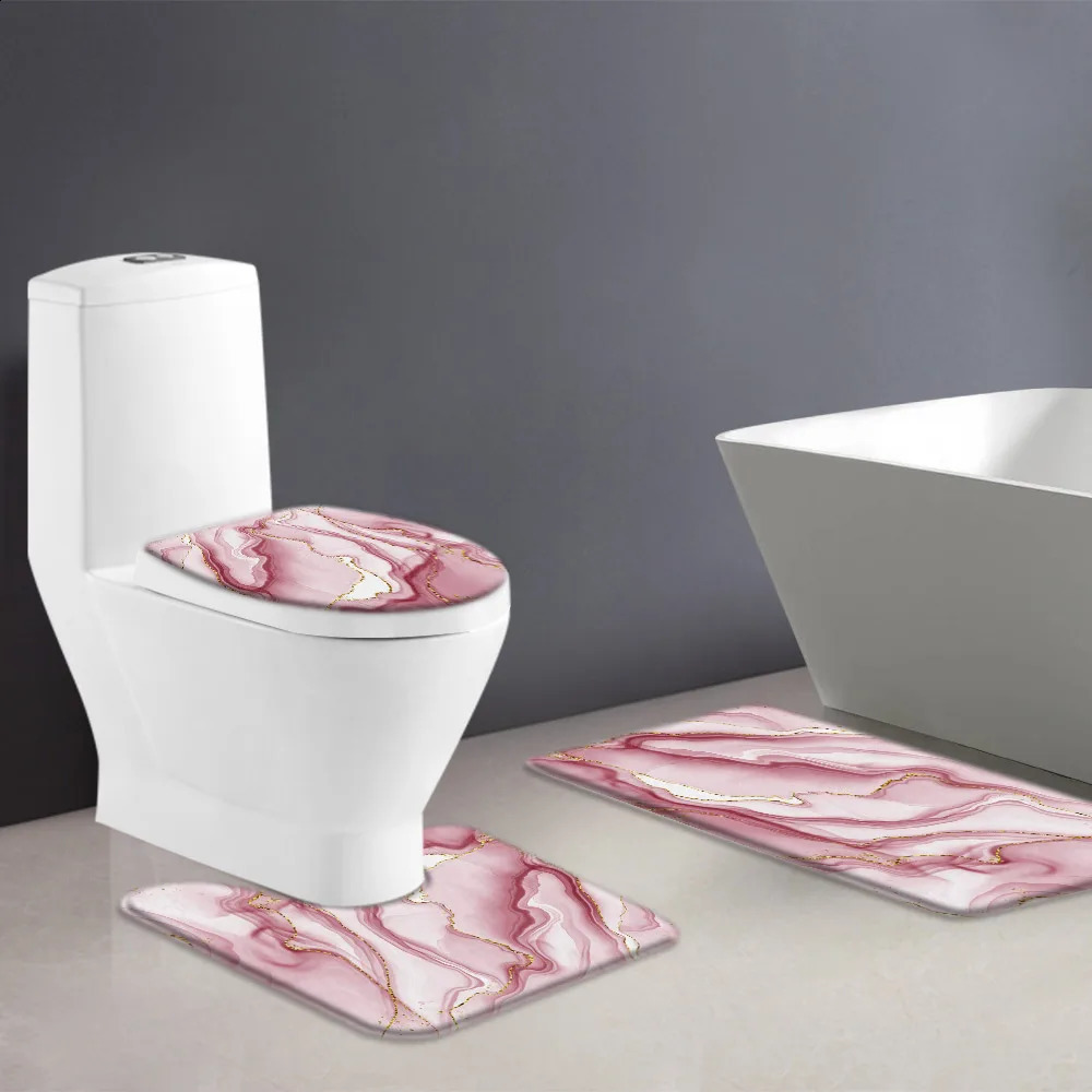 4piece pink marble shower curtain set anti slip carpet toilet seat bathroom cushion decoration accessories 240828