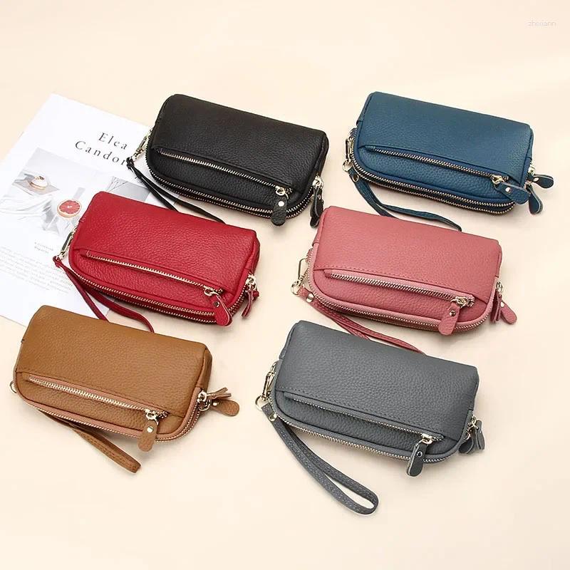 Free Shipping Wallets 2025 Ladies Clutch Purse Cowhide Wristlet Bag Genuine Leather Women Double Zip Wallet Fashion Mobile Phone designer bag Luxury B
