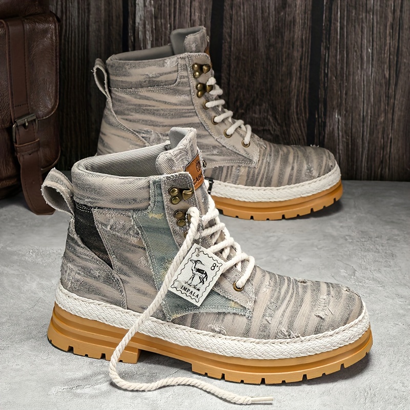 Mens Ripped Lace-Up Denim Fabric Ankle Boots Fashionable Walking Shoes, Breathable and Comfortable - Lightweight, Breathable, Suitable for Daily Wear