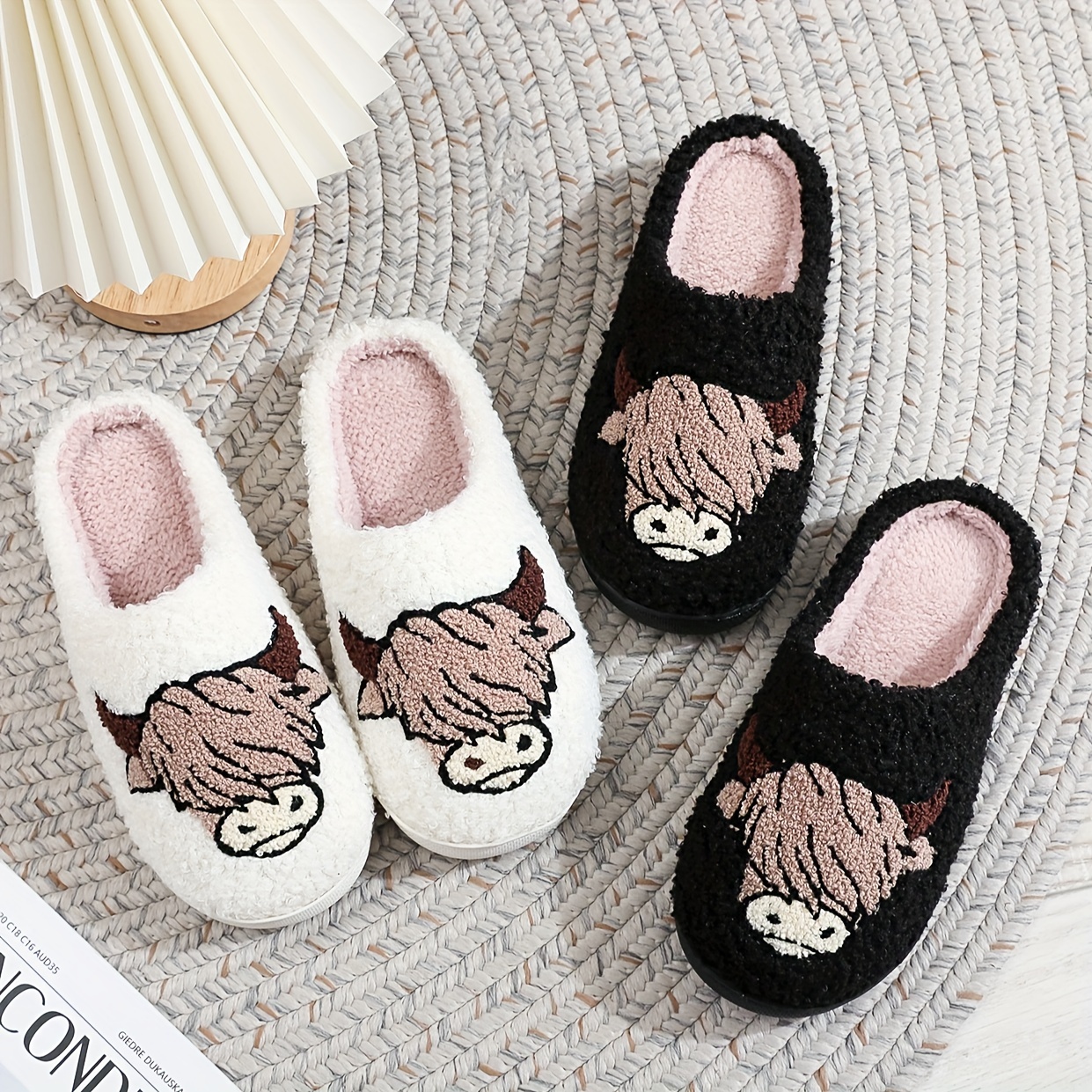 Cute Cartoon Cow Pattern Plush Lined Slip-On Slippers - Ultra Soft Fabric Upper, Comfortable Indoor Shoes with TPR Sole, Tribal Style Design - All-Sea