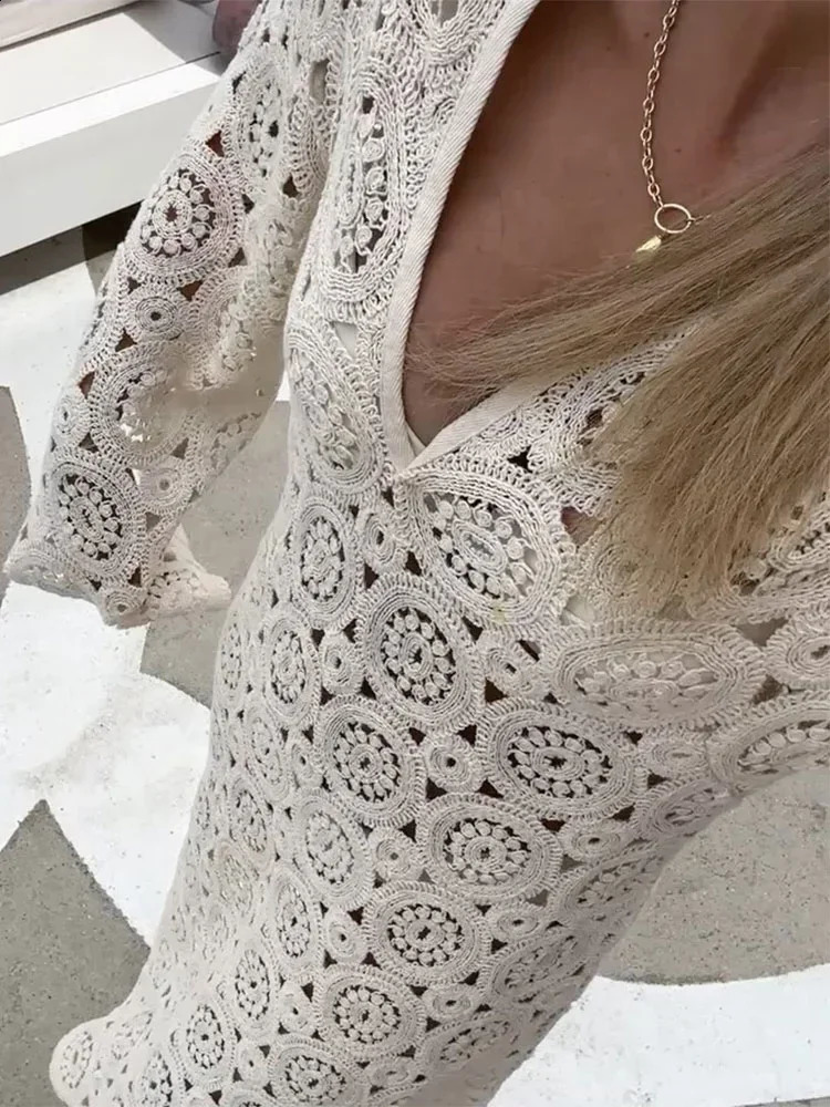 Womens Fashion Hook Flower Hollow Cream Tricycle Casual Loose Vneck Long Flash Sleeves Vestido Party Elegant Ball 240828