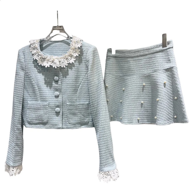 PREPOMP Autumn Pearl Lace Collar Short Jacket Coarse Floral Mini Skiing Two Piece Set Womens Dress Light Blue GR950 240828