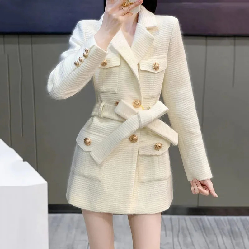 Wool Womens Jacket Autumn/Winter Korean Fashion Set Collar Ultra Thin Wool Womens Coat Medium length Warm Womens Coat Top 240828