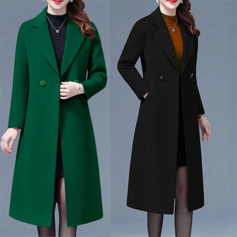 Womens collar wool long coat fashionable long sleeved single button jacket autumn and winter office womens elegant and warm wool coat 240828