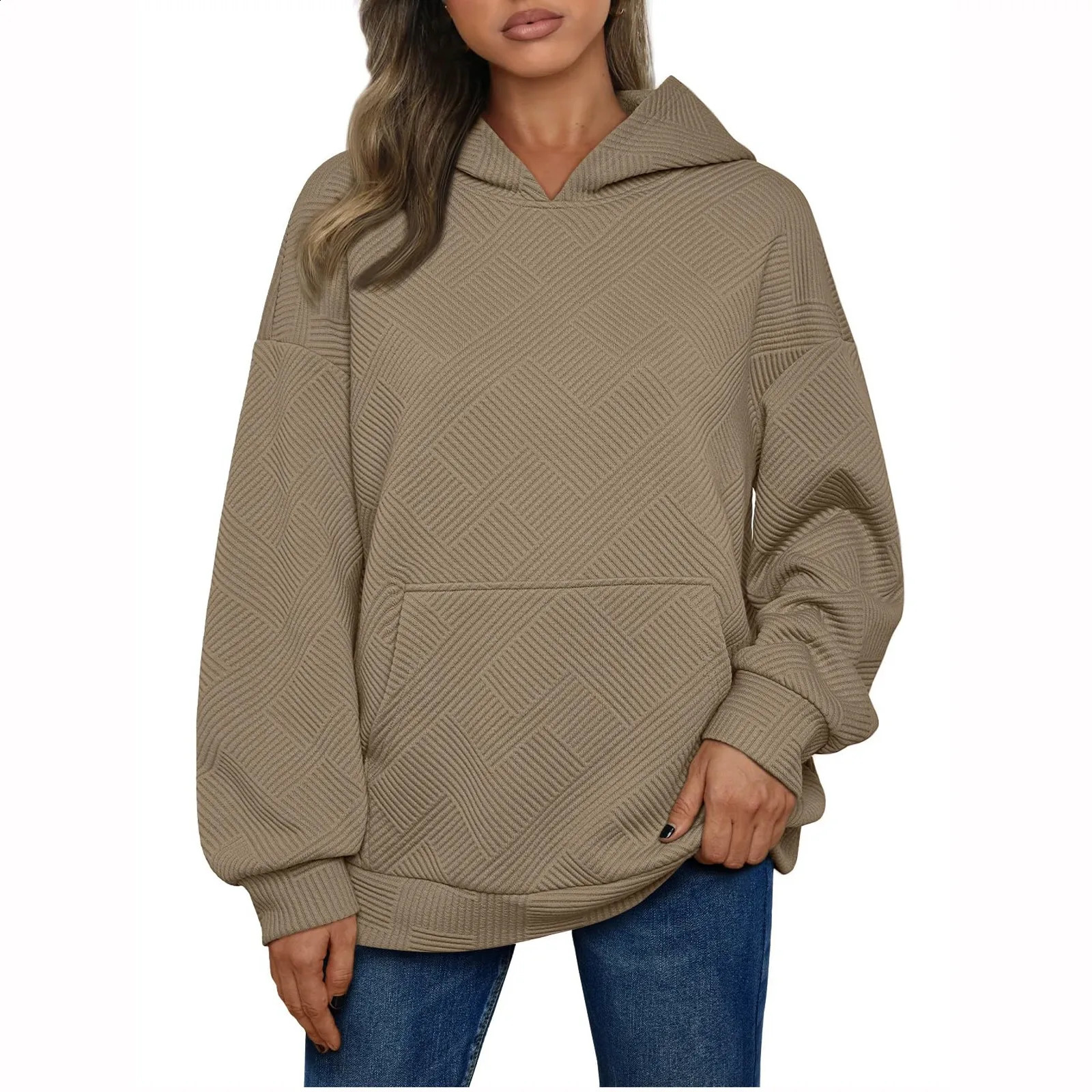 SpringAutumn Womens Solid Pull off Oversized Sportswear Fashion Clothing with Pocket Loose Top 240827