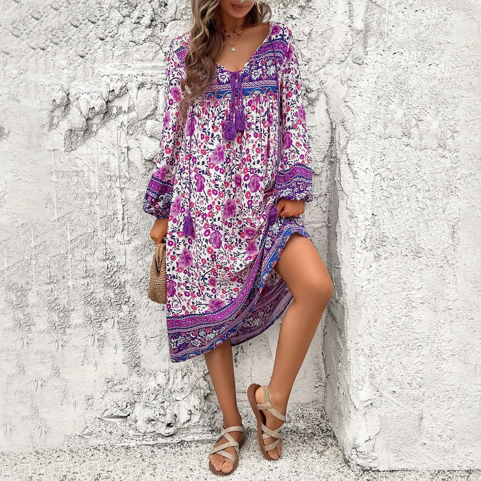 High quality womens springsummer casual vacation printed long sleeved dress with brushed Bohemian Y2k 240828