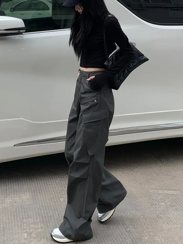 HOUZHOU Womens Freight Pants Grey Retro Y2K Luggage Korean High Waist Trouser Techwear Aesthetic Female Streetwear Hippie 240827