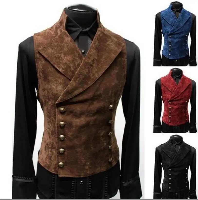 Mens Double Breasted Gothic Steampunk Velvet Vest Stand Collar Medieval Victorian Black Waistcoat Men Stage Cosplay Prom Y240830