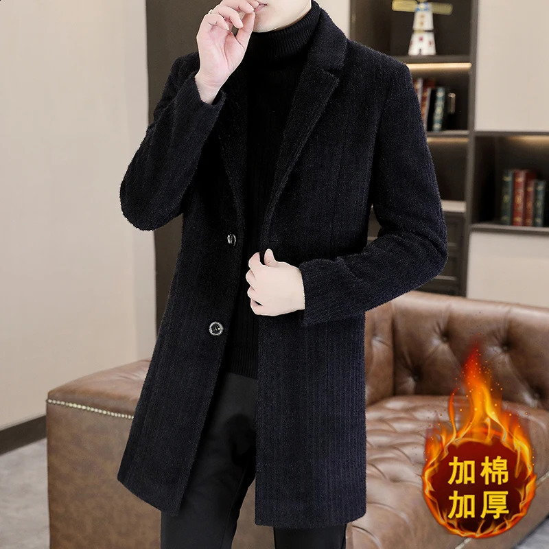 Mens mid length solid striped wool coat autumn and winter casual warm windproof jacket loose thick top 240829