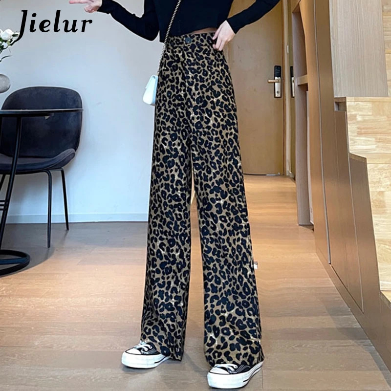 Jielur Fashion Leopard High Waist Womens Pants Vintage Casual Y2K Female Pants Young Streetwear Hip-Hop Wide Leg Trousers 240829