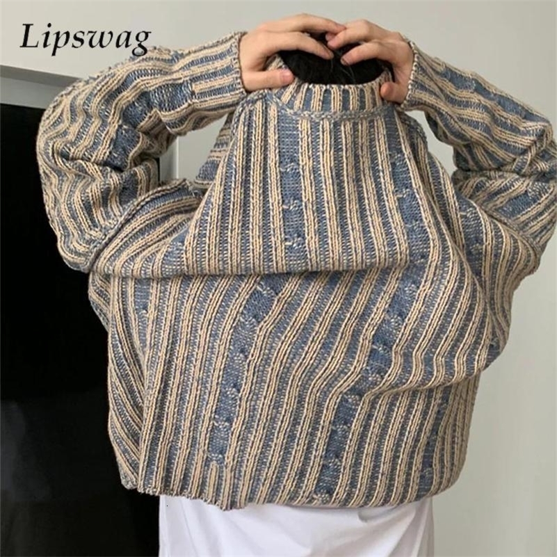 Fashionable mens knitted floral top retro Y2K striped crochet sweater mens fashionable long sleeved knitted T-shirt 240829